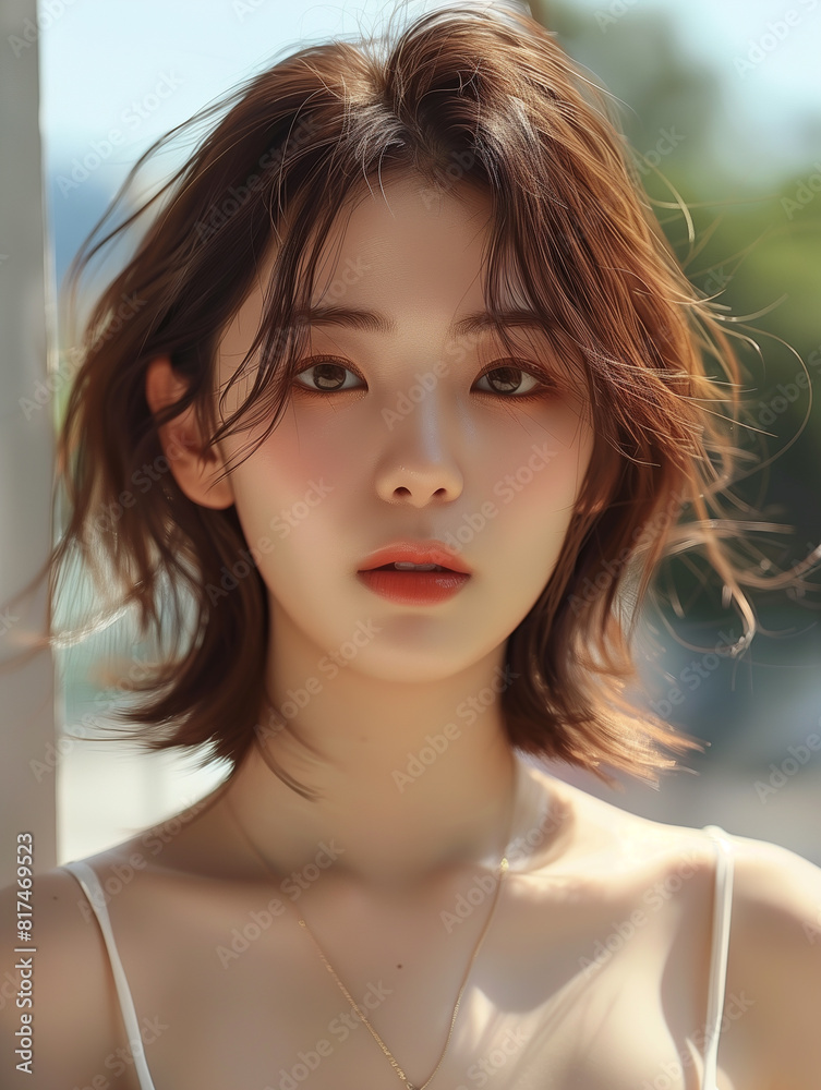 Beautiful Korean Woman looking straight ahead. Asian young woman model front view.