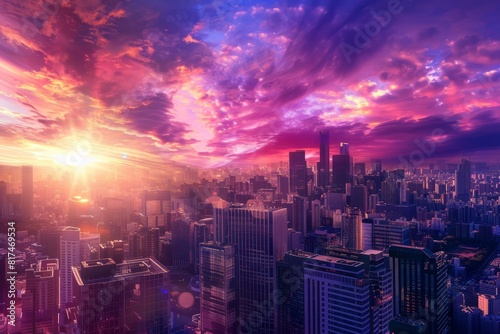 A futuristic city skyline with skyscrapers reaching towards a vibrant purple sky at dusk, Generative AI 