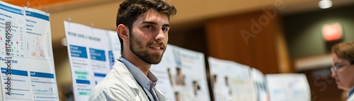 Confident young scientist explaining his research at a poster session.