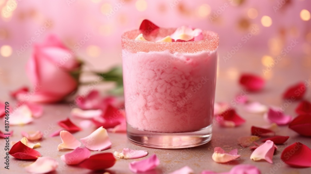 The glass is filled with ice and decorated with pink rose petals. The glass is placed on a shiny surface, with a soft light background The glass is filled with ice and decorated with pink rose petals. The glass is placed on a shiny surface, with a soft light background