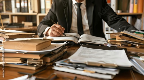 The lawyer is reviewing the documents in his office.