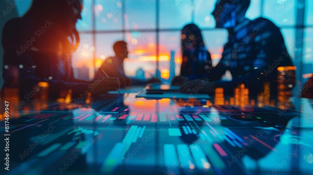 Business team meeting during a financial market collapse, close up, focus on his tense expression, vibrant and lively hues, double exposure silhouette with falling stocks