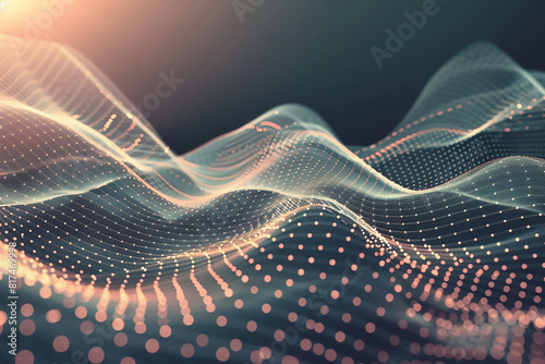 A dynamic wave of dots  pulsating and flowing through an intricate web of weave lines  set against a minimalistic abstract background.
