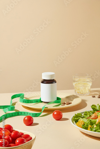 Frontal shot photo on light brown background, a bottle of weight losing medicine without label, cherry tomato, vegetable salad and a glass of lemonade. Blank space for designing and adding text