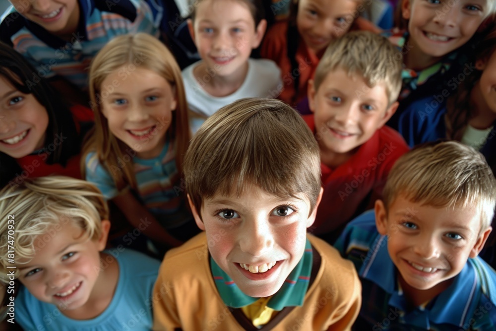 Portrait of happy kids looking at camera and smiling in school classroom