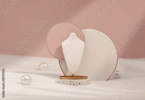 Bust showcase jewelry display for Necklace. Wooden, stone stand holder. Pastel color mannequin jewelry stand has pearls around it. Trendy 3d render for social media banners, promotions	