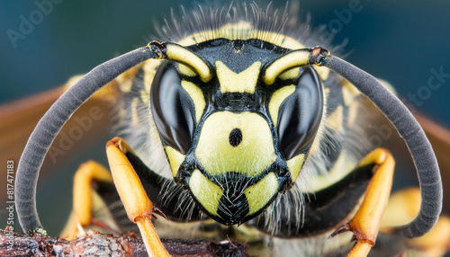 A close up of a yellow and black wasp's face. The yellow and black colors of the wasp's face create a sense of contrast and tension. The wasp's expression is intense and focused