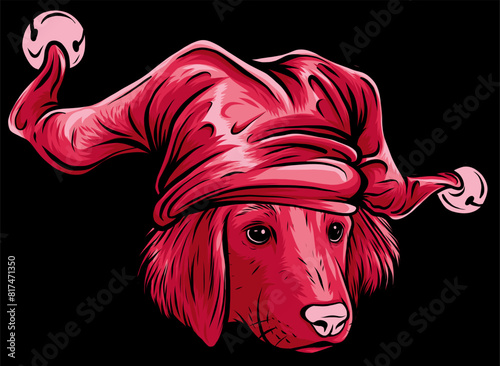 Vector Illustration of Labrador Retriever Puppy with joker hat on black background