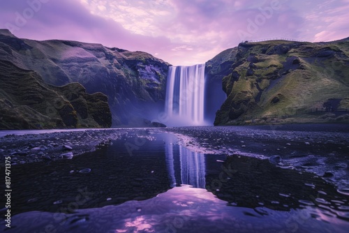 A magical waterfall cascading into a crystal-clear pool  with a purple sky above creating a surreal atmosphere  Generative AI