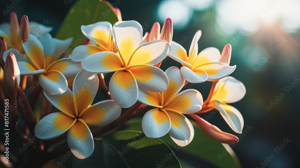 The yellow and white frangipani flowers are in full bloom, looking very fresh and beautiful. The yellow and white frangipani flowers are in full bloom, looking very fresh and beautiful.