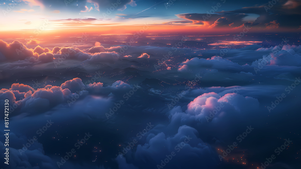 View of the sky from above with the sun rising over the horizon View of the sky from above with the sun rising over the horizon