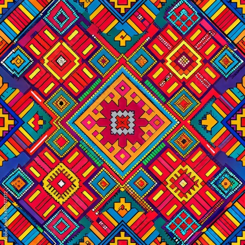Seamless pattern of traditional Hmong embroidery motifs in bright, bold colors, celebrating the vibrant culture of the Hmong people, Generative AI  photo
