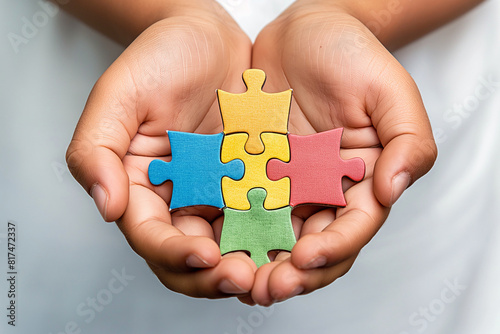 Child holding colorful puzzle pieces, symbolizing childhood learning, creativity, and problem-solving skills. Focus on education, growth, and playful engagement in a nurturing environment - AI generat