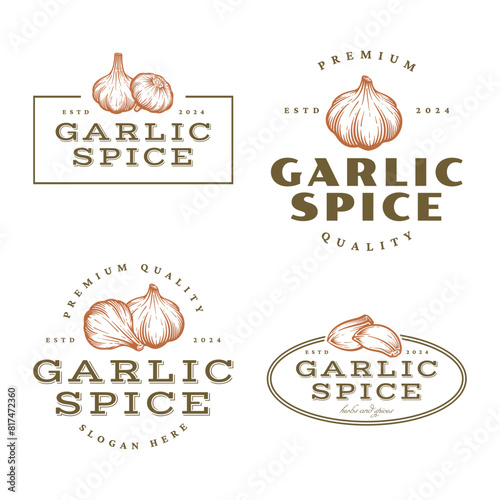 Set of hand drawn garlic illustration logo. Retro vintage garlic vector emblems, badges, labels design collection