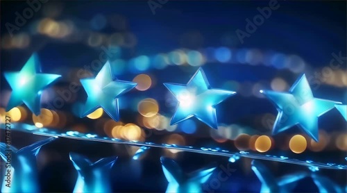 Four glowing blue stars with a bokeh background, symbolizing high ratings, quality, and excellence in a visually appealing scene.
 photo