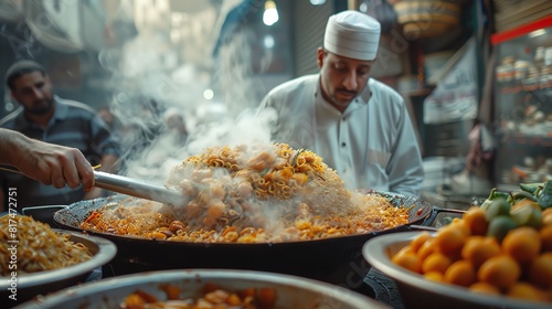 Egyptian street food vendor preparing koshari photo