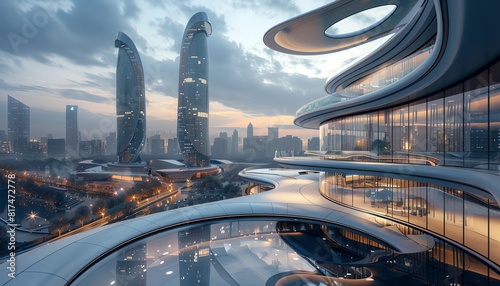 futuristic city with a large glass building in the foreground
