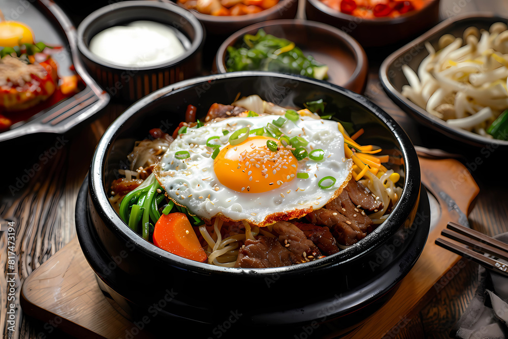 rice noodles with meat and vegetables in a black bowl