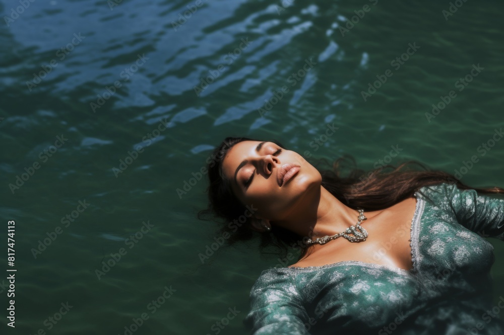 a beautiful indian woman lies back and floats in the ocean