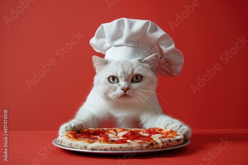 Adorable White Cat Chef with Pizza on a Red Background © kvladimirv