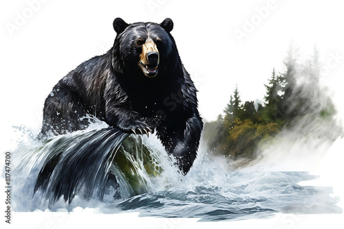 Realistic depiction of a black bear hunting salmon at a waterfall. photo