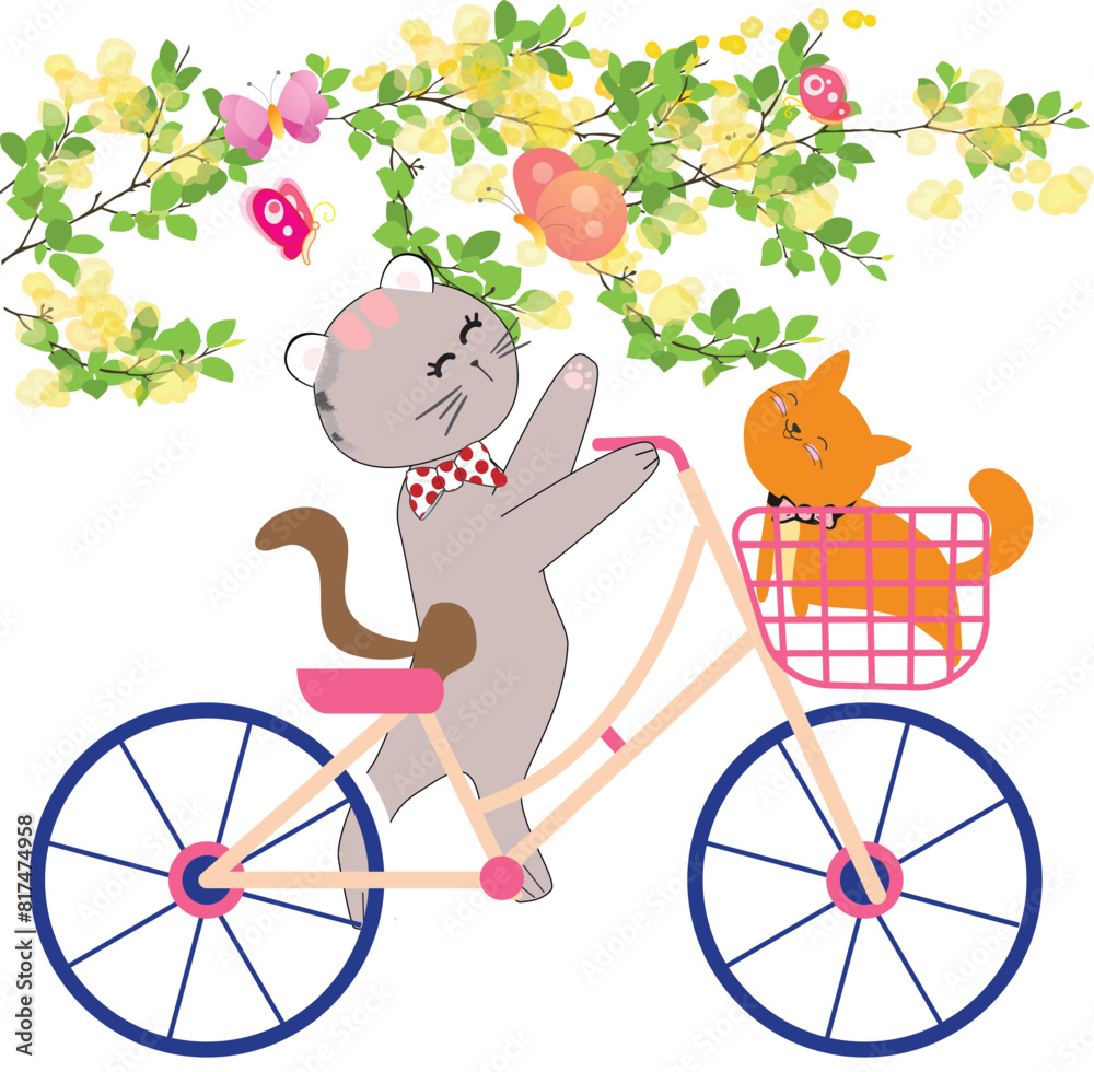 Kitten Rides on Mama Cat's Bicycle Enjoying the Summer Scenery Together Kitten Rides on Mama Cat's Bicycle Enjoying the Summer Scenery Together