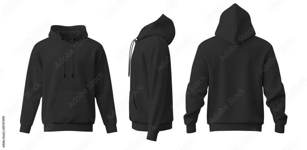 Set of black hoodie, and sweatshirt on a transparent background cutout, in PNG format. Mockup template for artwork and graphic design.