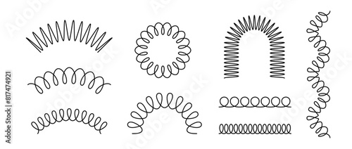 Black spiral spring set. Wire coil springs collection. Thin wire frames, zigzag lines, metal waves, flexible coils and arch elements pack for graphic design templates, decor, border. Vector bundle
