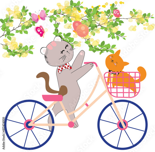 Kitten Rides on Mama Cat's Bicycle Enjoying the Summer Scenery Together