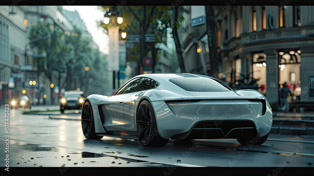 Sleek White Sports Car on Wet City Street at Dusk with Modern Architecture and Lights Sleek White Sports Car on Wet City Street at Dusk with Modern Architecture and Lights