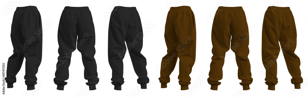 Set of black, brown front back view sweatpants jogger sports trousers bottom pants on transparent background, PNG file. Mockup template for artwork design Set of black, brown front back view sweatpants jogger sports trousers bottom pants on transparent background, PNG file. Mockup template for artwork design