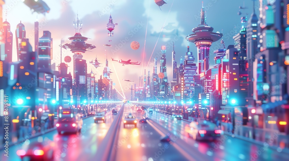 Imaginative 3D city with flying cars and vibrant buildings, side view, Urban dreams, digital binary as object, colored pastel