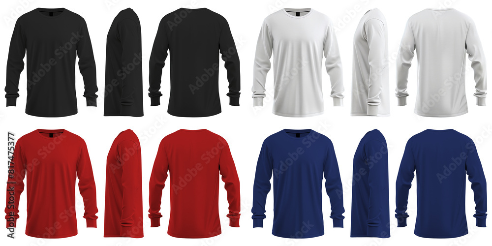 Set of man white, black, red, blue front, back and side view round neck long sleeve tee shirt t-shirt on transparent background cutout, PNG file. Mockup template for artwork graphic design
