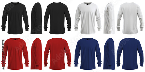 Obraz na płótnie Set of man white, black, red, blue front, back and side view round neck long sleeve tee shirt t-shirt on transparent background cutout, PNG file. Mockup template for artwork graphic design w salonie