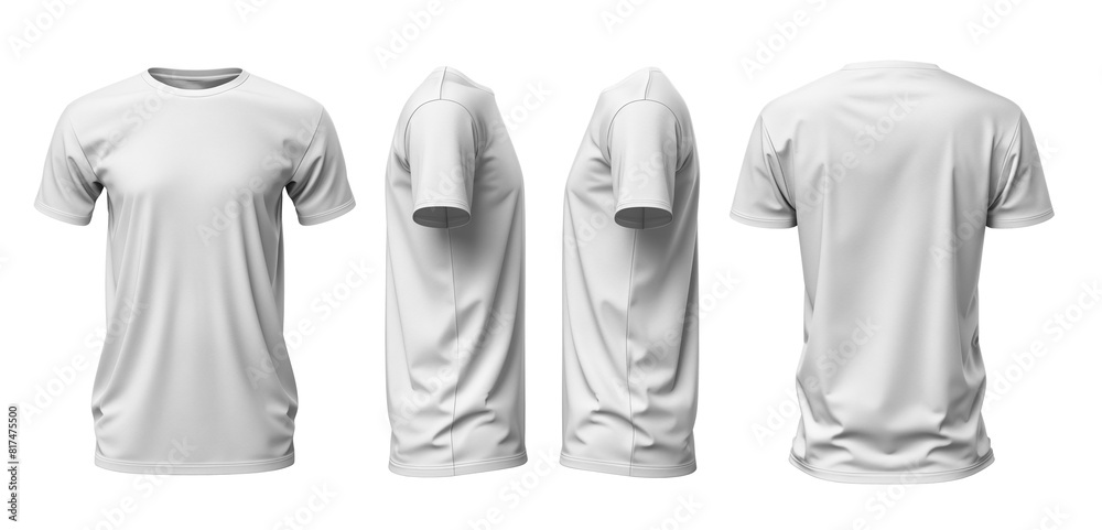 Set of white t-shirts with round necks, showcasing front, back, and side views on a transparent background cutout, provided as a PNG file. This mockup template is ideal for artwork and graphic design