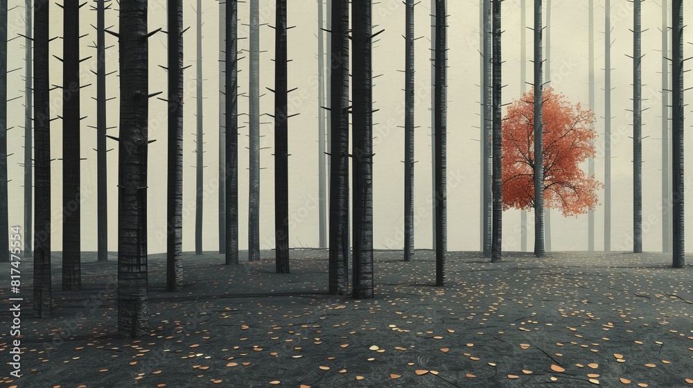 Obraz premium A dark and mysterious forest with a single red tree in the distance.