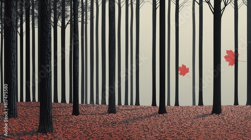 A red maple leaf falls through the air in a sparse leafless forest.