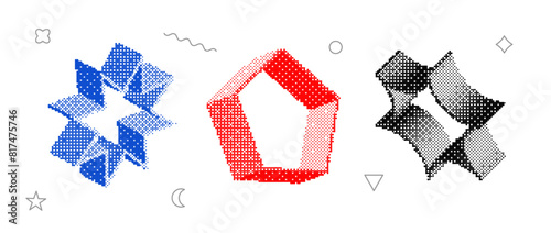 Bitmap textured shapes set. Blue, red, black dither halftone objects collection. 3d star, sparkle, pentagon elements for banner, poster, leaflet. Abstract pixelated raster effect bundle. Vector pack