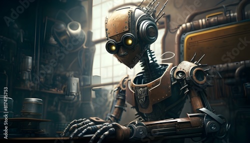 Robot Mechanic Tending to Intricate Machinery with Steampunk Aesthetics