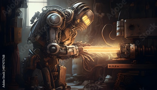 Robot Mechanic Tinkering with Intricate Machinery in an Industrial Workshop photo