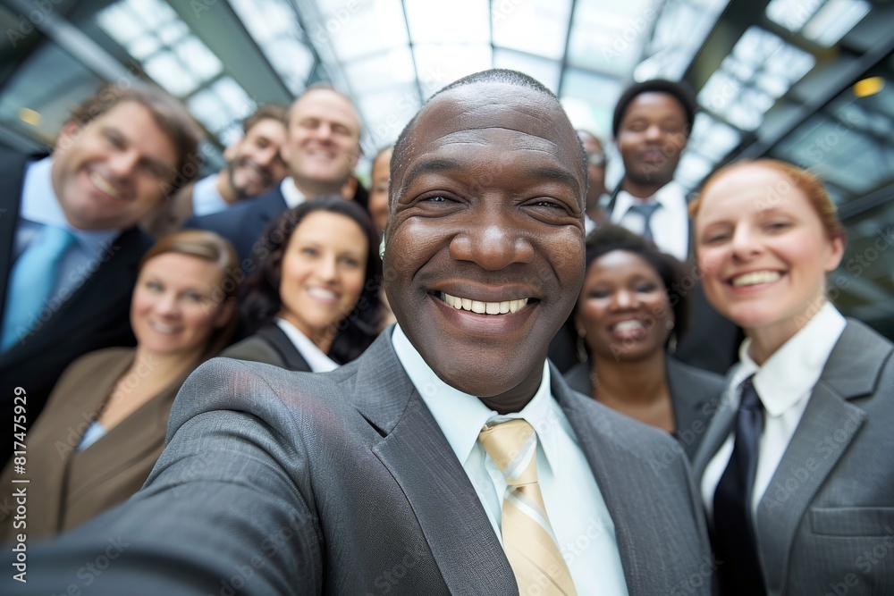 Portrait of smiling african american businessman taking selfie with his team Portrait of smiling african american businessman taking selfie with his team