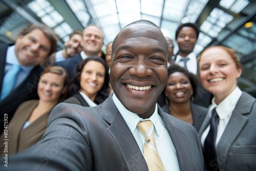 Portrait of smiling african american businessman taking selfie with his team