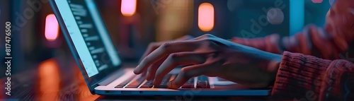 close - up of hands typing on laptop with digital display, featuring a white hand and finger on the left, and a blurry hand and finger on the right