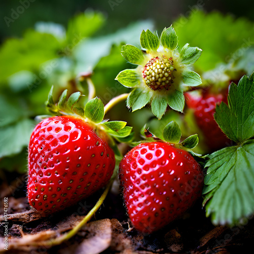forest strawberry fragaria vesca food nature berry ,Bouquet of wild strawberry (Fragaria vesca) plants with red ripe fruits and foliage outdoors with forest,generate ai 
 photo
