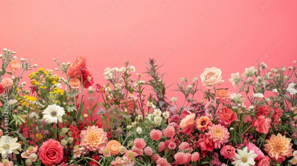 A lush floral arrangement with a variety of colorful blooms on the bottom half, leaving the top half of the pink background blank for text or graphics A lush floral arrangement with a variety of colorful blooms on the bottom half, leaving the top half of the pink background blank for text or graphics