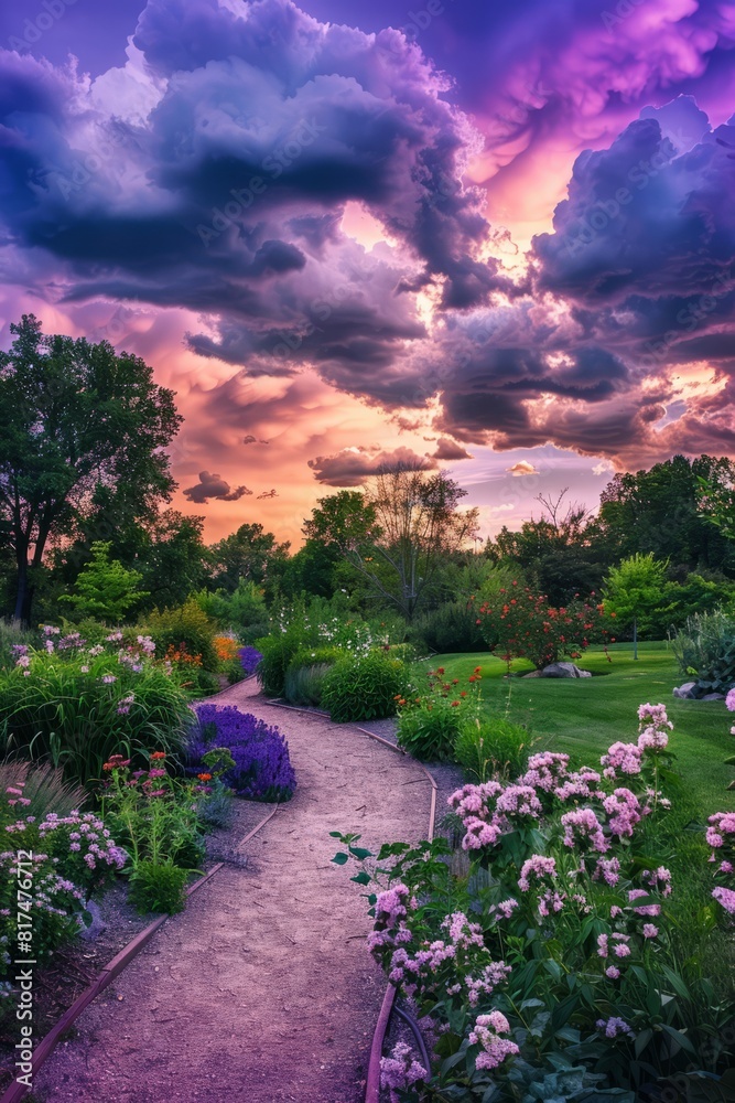 A peaceful countryside scene with rolling hills and farmland under a twilight purple sky, Generative AI A peaceful countryside scene with rolling hills and farmland under a twilight purple sky, Generative AI