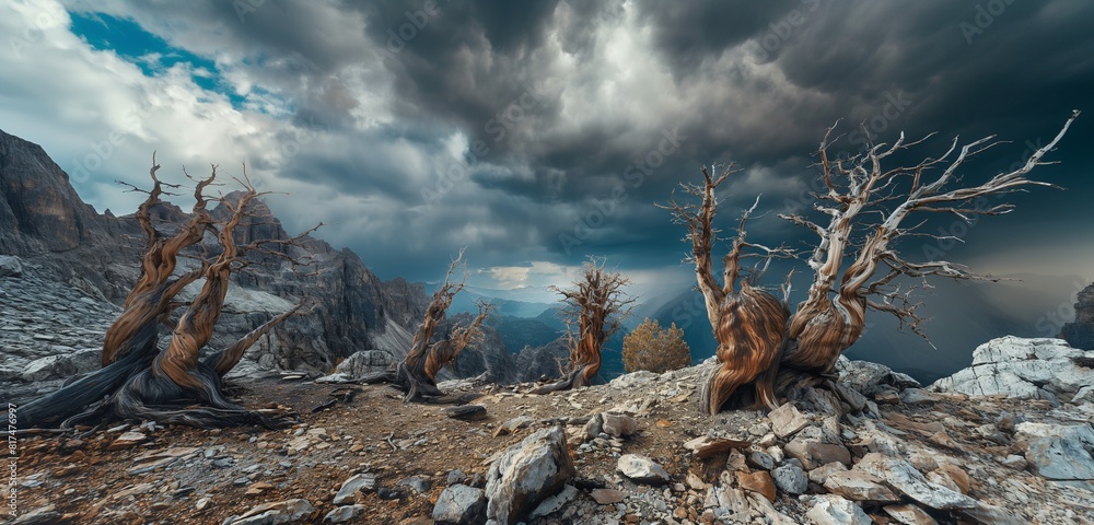 A barren, rocky mountain summit with ancient, twisted trees clinging to life, the backdrop a dramatic, stormy sky. 32k, full ultra HD, high resolution