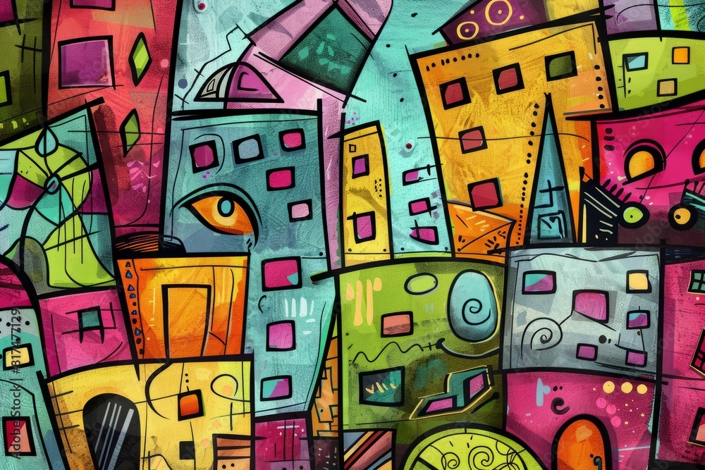 Cartoon cute doodles of a whimsical cityscape rendered in a cubist fashion, with buildings depicted as overlapping geometric shapes, Generative AI