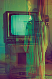 A person is standing in front of a television that is turned off