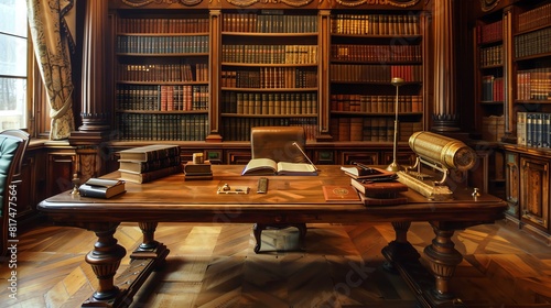A legal office with law books and a large wooden desk